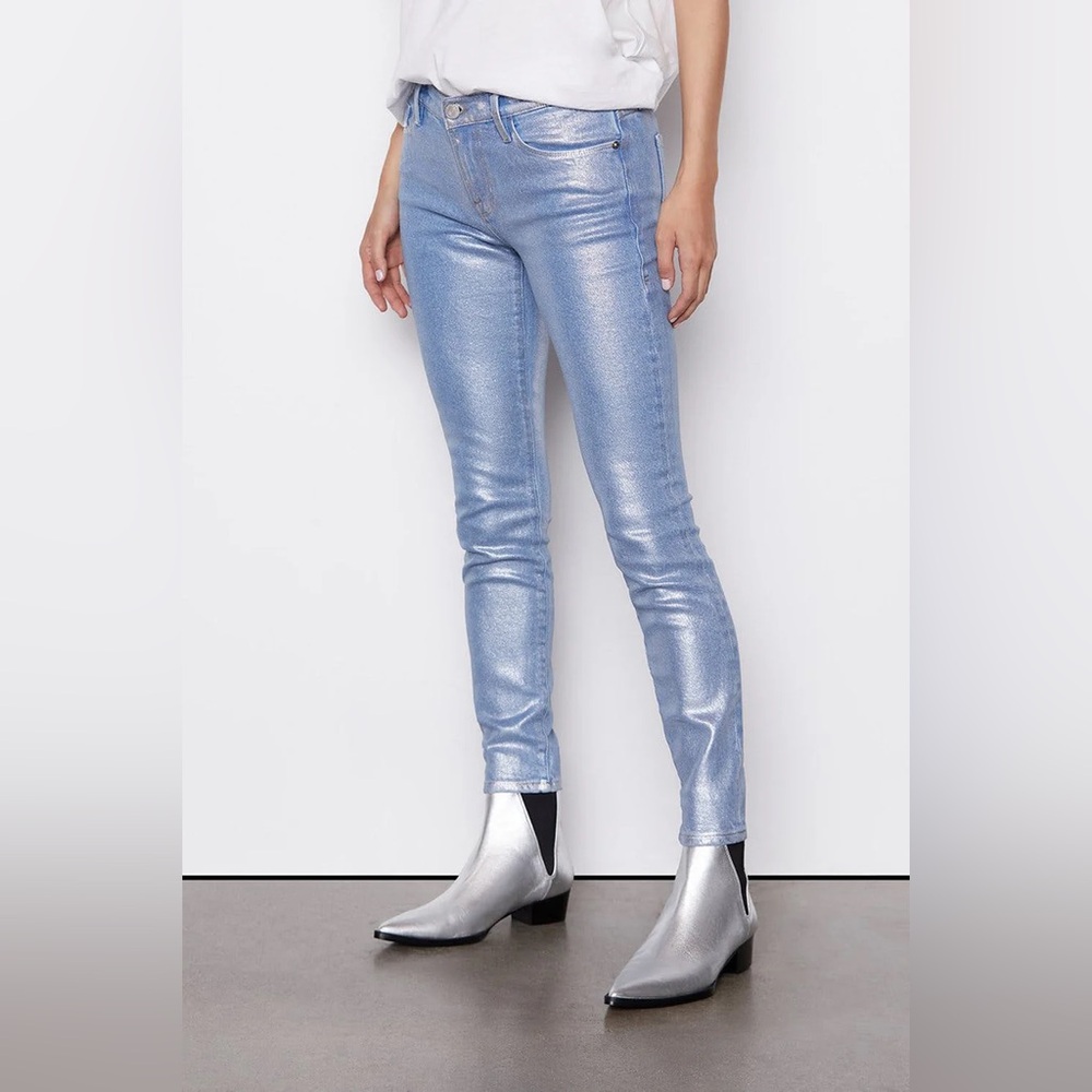 Frame Denim Coated Chrome Blue Silver Metallic Women's Jeans, size 26, worn once